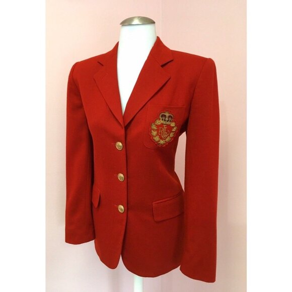 Vintage Ralph Lauren 3D CREST Red Designer Womens 12  Jacket Blazer Money Preppy - Picture 1 of 16